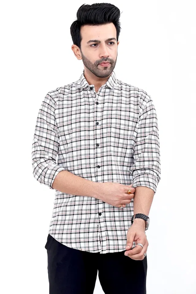 Cotton Blend Checked Shirt for Men, White (M)
