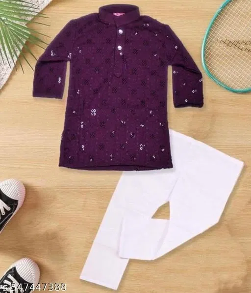 RK TRADERS Floral Sequin Cotton Kurta Set for Boys (White, 5-6 Years)