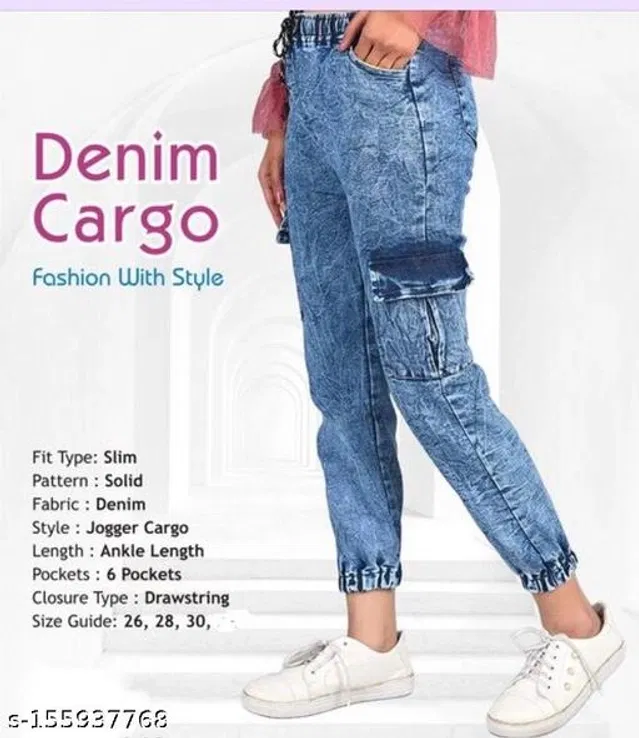 Denim Cargo Jeans for Girls (Sky Blue, 14-15 Years)