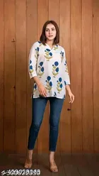 Cotton Printed Short Kurti for Women, White 