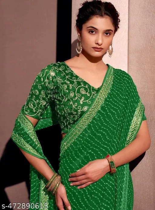 Georgette Solid Saree for Women, Green (6.3 m)