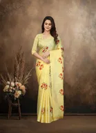 Art Silk Printed Saree for Women, Yellow 