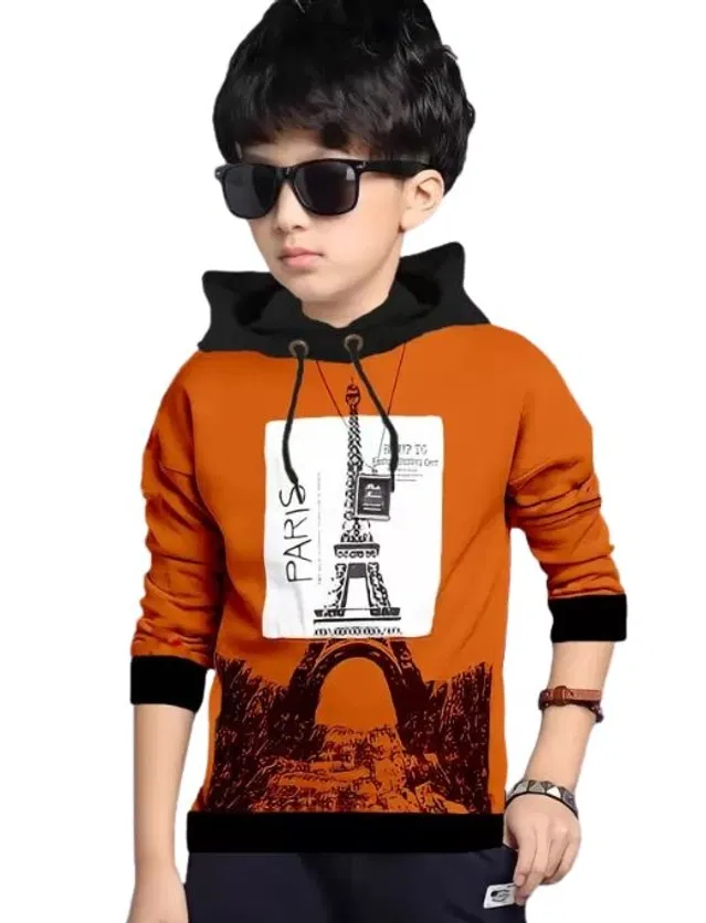 Hooded Neck Printed T-Shirt for Boys (Orange, 6-7 Years)