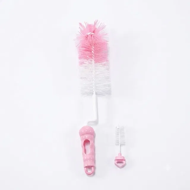 Combo 2-in-1 baby bottle and nipple cleaning brush set featuring a long handle for cleaning bottles and a smaller brush for nipples (Assorted any 1)