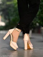 [100] Cream Solid Square Toe Block Sandals for Women 