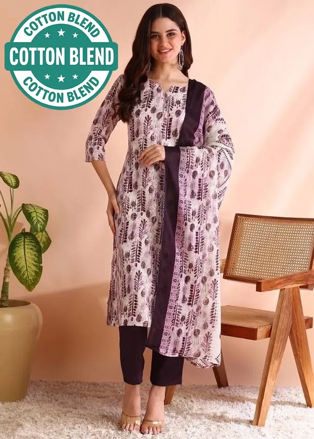 Cotton Printed Women's Kurta with Pant & Dupatta Set (Wine, L)