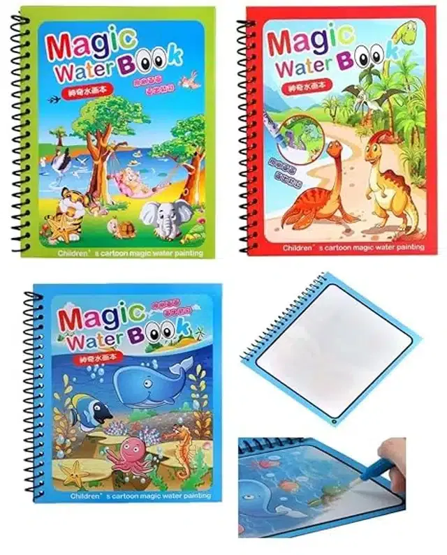 Reusable Quick Dry Water Painting Book with Doodle Pen for Kids (Multicolor, Pack of 3)