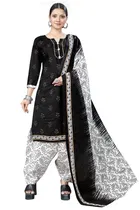 Cotton Blend Floral Kurti with Pant & Dupatta for Women (Black, 8XL)