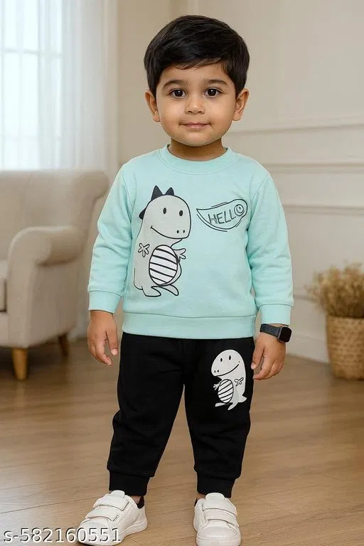 Hosiery Cotton Printed Clothing Set for Kids, Sky Blue & Black (0-3 Months)