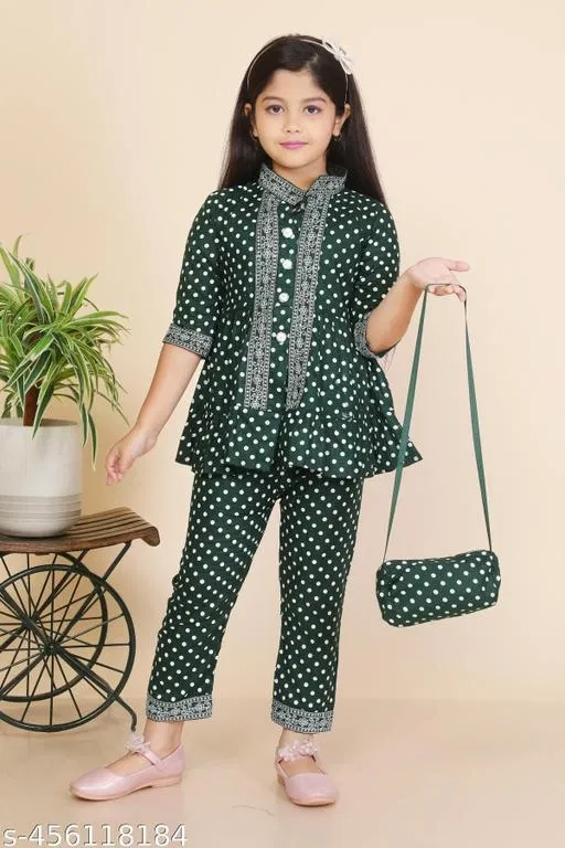 Embroidered Rayon Kurta Set for Girls (Green, 1-2 Years)
