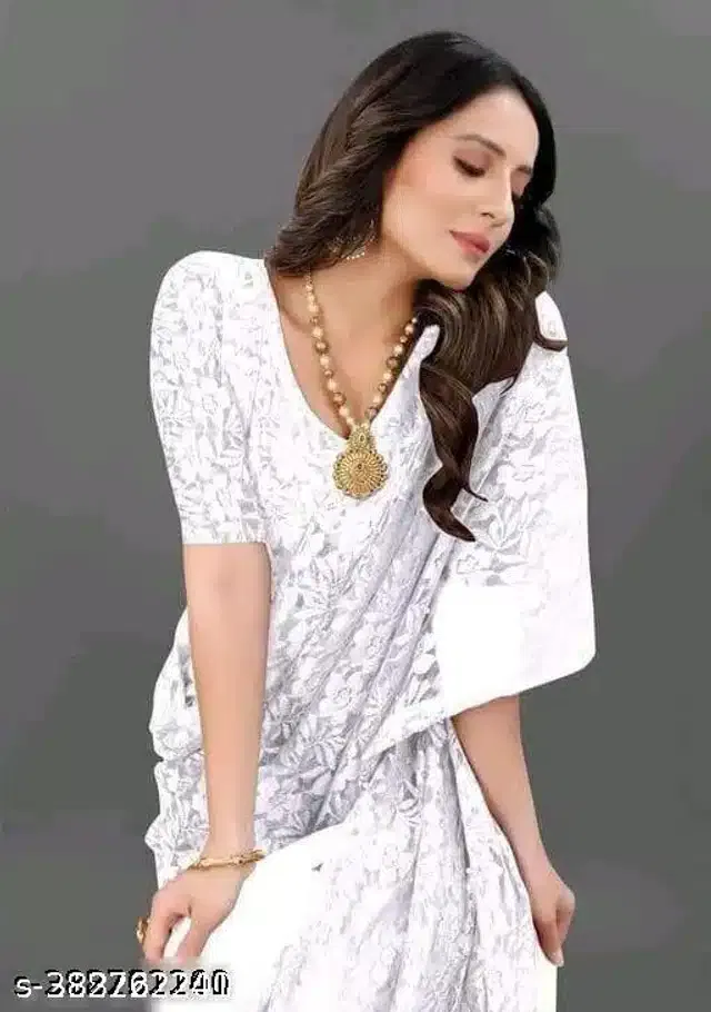 Net Saree for Women (White, 6.3 m)