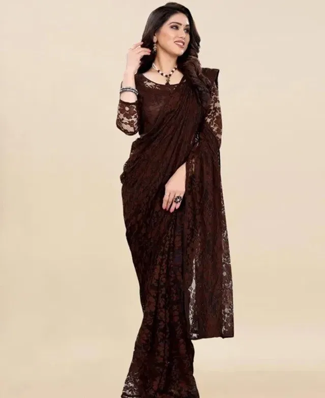 Net Floral Saree for Women (Brown, 6.3 m)