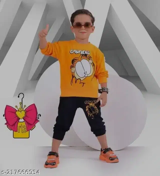 Cotton Full Sleeves T-Shirt with Pant Clothing Set for Kids (Orange & Navy Blue, 18-24 Months)