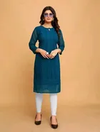 Georgette Chikankari Kurti for Women (Blue, M)