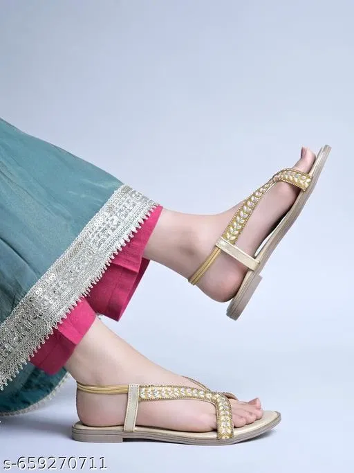 Shoetopia Flat Sandals (Gold, IND-4)