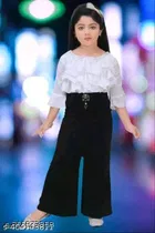 Cotton Blend Three-Quarter Sleeve Round Neck Top and Pant Set for Girls 