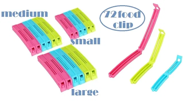 Plastic Food Bags Airtight Vaccum Sealer Clips (Multicolor, Set of 72)