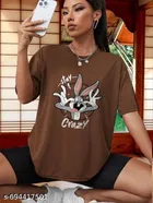 Cotton Blend Printed T-shirt for Women, Brown 