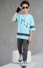 Cotton Blend Printed T-shirt for Boys, Sky Blue 