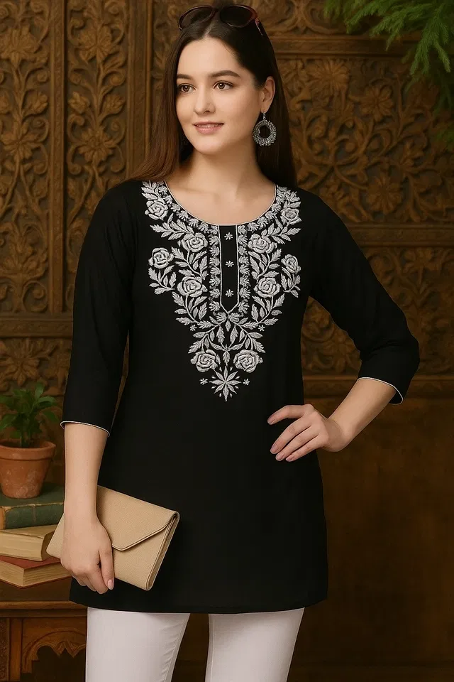Cotton Embroidered Short Kurti for Women (Black, L)