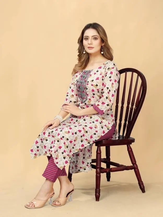 Cotton Printed Women's Kurta with Pant Set (Multicolor, XXL)