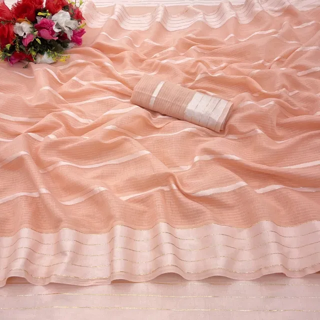 Cotton Blend Striped Saree for Women (Peach, 6.3 m)