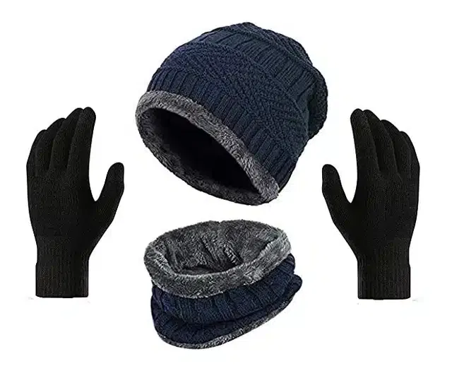 Beanie Cap with Neck Warmer & Gloves for Unisex (Blue & Black, Set of 3)