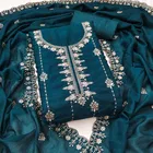 Vichitra Silk Embroidered Unstitched Suit Fabric, Teal