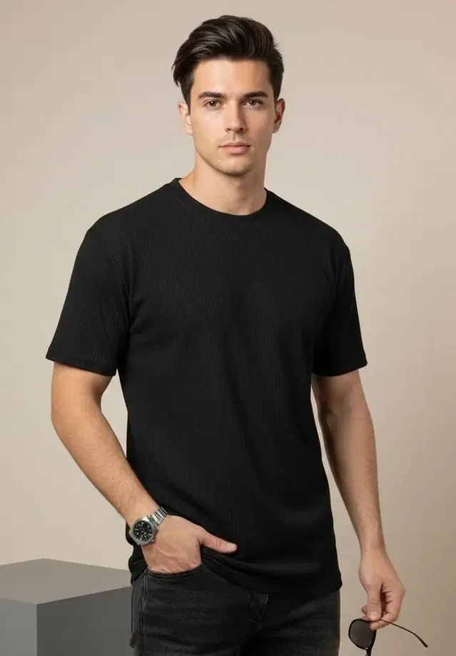 Polyester Solid T-Shirt for Men, Black (L)