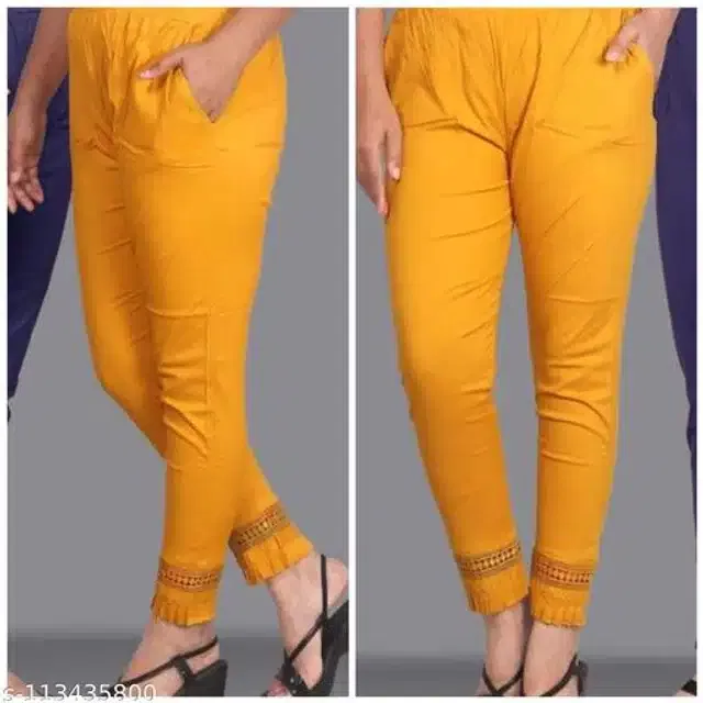 Cotton Lycra Trouser for Women (Mustard, 32)