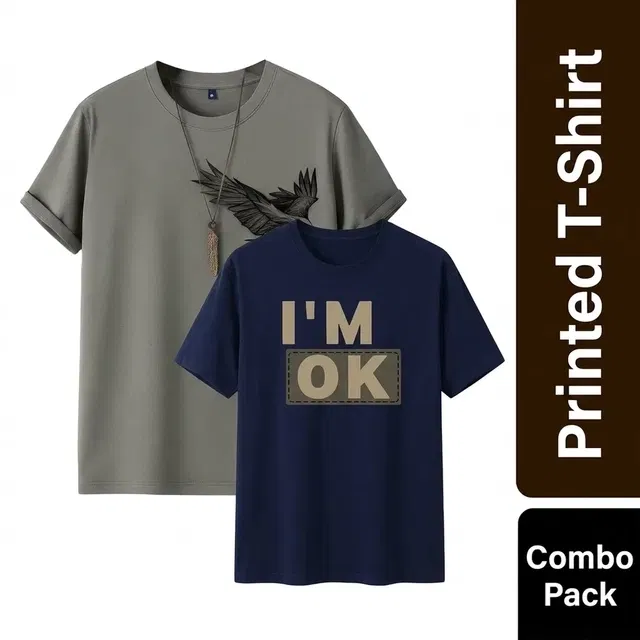 Men's Round Neck T-Shirts - Pack of 2, Grey & Navy Blue, XL