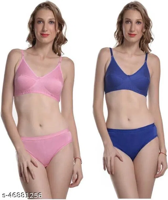Cotton Blend Solid Lingerie Set for Women (Multicolor, 34A) (Pack of 2)