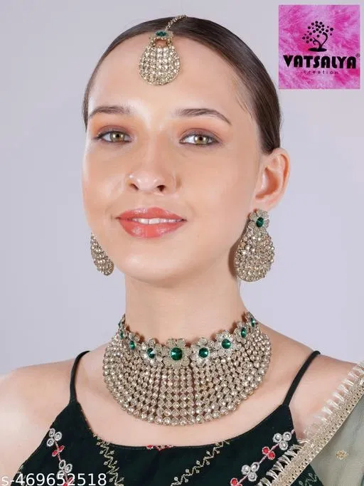 Mehandi Finish Golden Diamonds Bridal Choker Set for Women (Green, Free Size)