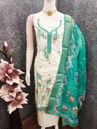Cotton Silk Embellished Unstitched Suits Fabric for Women, White & Sky Blue