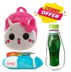 Combo of Fabric School Bag, Water Bottle with Lunch Box for Kids (Multicolor, Set of 3)