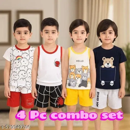 Hosiery Cotton Printed Clothing Set for Kids, Multicolor, Pack of 4 (18-24 Months)