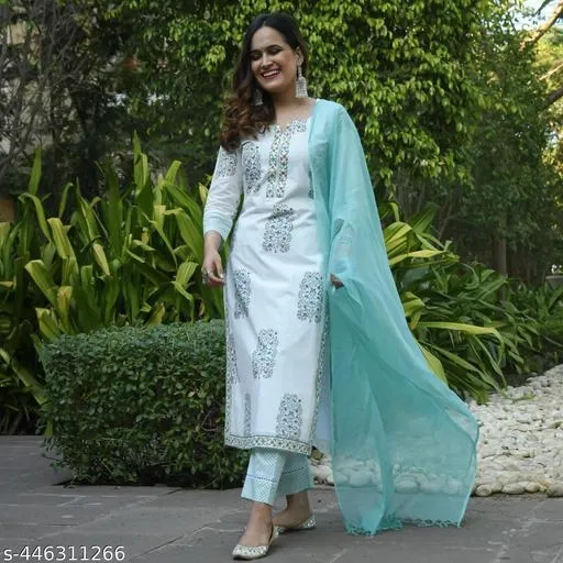 Floral Print Cotton Blend Kurti with Pant & Dupatta Set for Women (Aqua Blue, S)