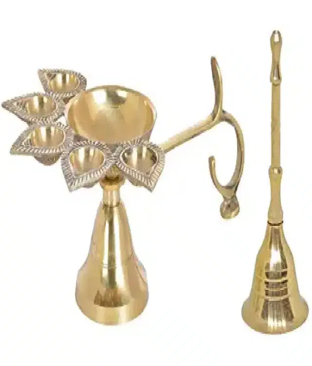 Brass Panchmukhi Deepak & Pooja Bell (Set of 2, Gold)