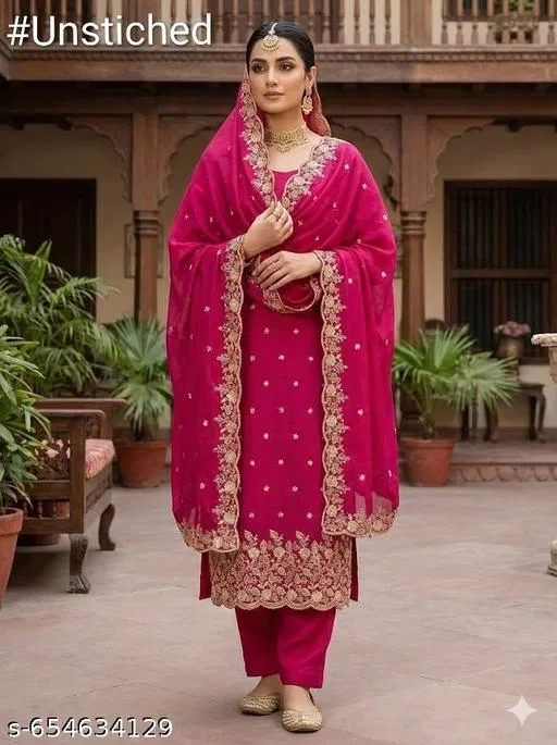 Vichitra Silk Pakistani Suits (Pink, 5.85 meter for Women (S)