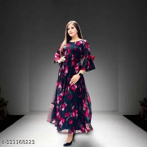 Floral Designer Gown Kurti for Ladies for Women (Blue, 4XL)
