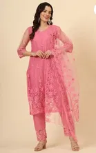 Net Solid Kurta Set with Dupatta for Women 