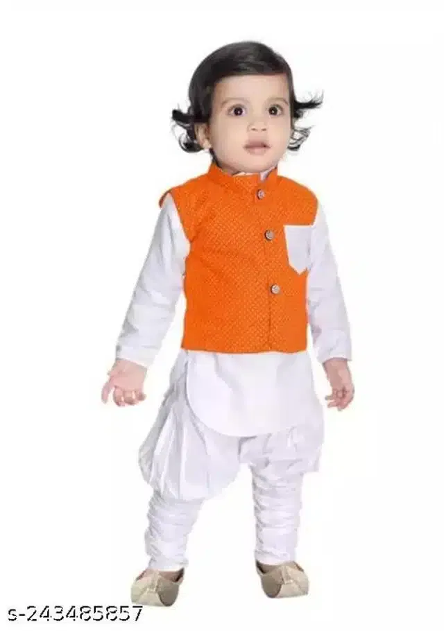 Cotton Full Sleeves Jacket with Kurta & Pyjama Clothing Set for Boys (Orange & White, 9-12 Months)