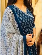 Cotton Blend Printed Anarkali Women's Kurta with Pant & Dupatta Set 