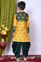 Dupion Silk Printed Kurta with Dhoti for Boys, Yellow & Green 