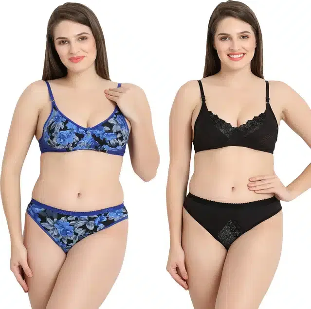 Cotton Blend Lingerie Set for Women (Blue & Black, 30) (Set of 2)