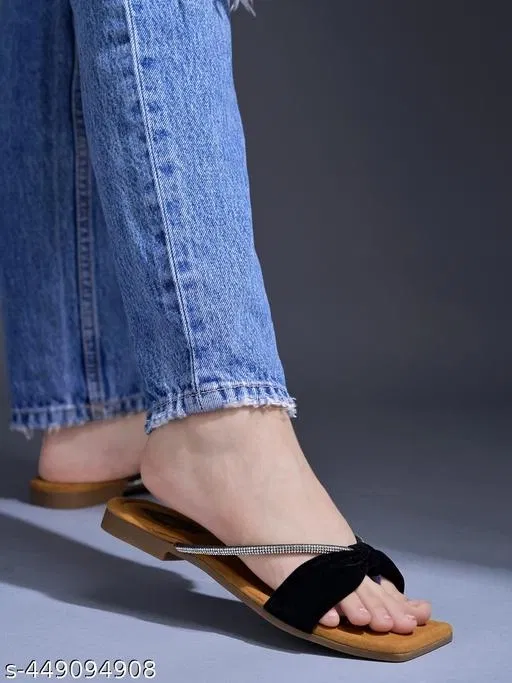 Shoetopia Black Embellished Flat Sandals (IND-7)