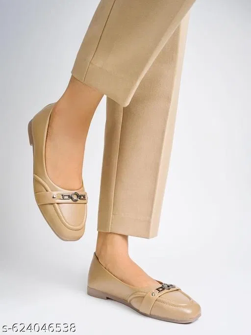 Solid Synthetic Ballerinas for Women (Beige, IND-3)