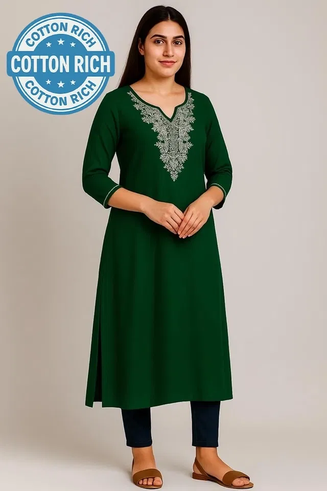 Cotton Embroidered Kurti for Women (Green, XL)