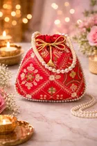 Handcrafted Embroidered Silk Potli Bag, Red