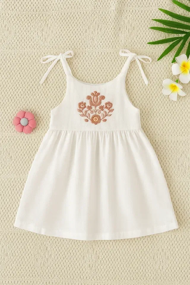 Embroidered Rayon Frock for Girls (White, 1-2 Years)